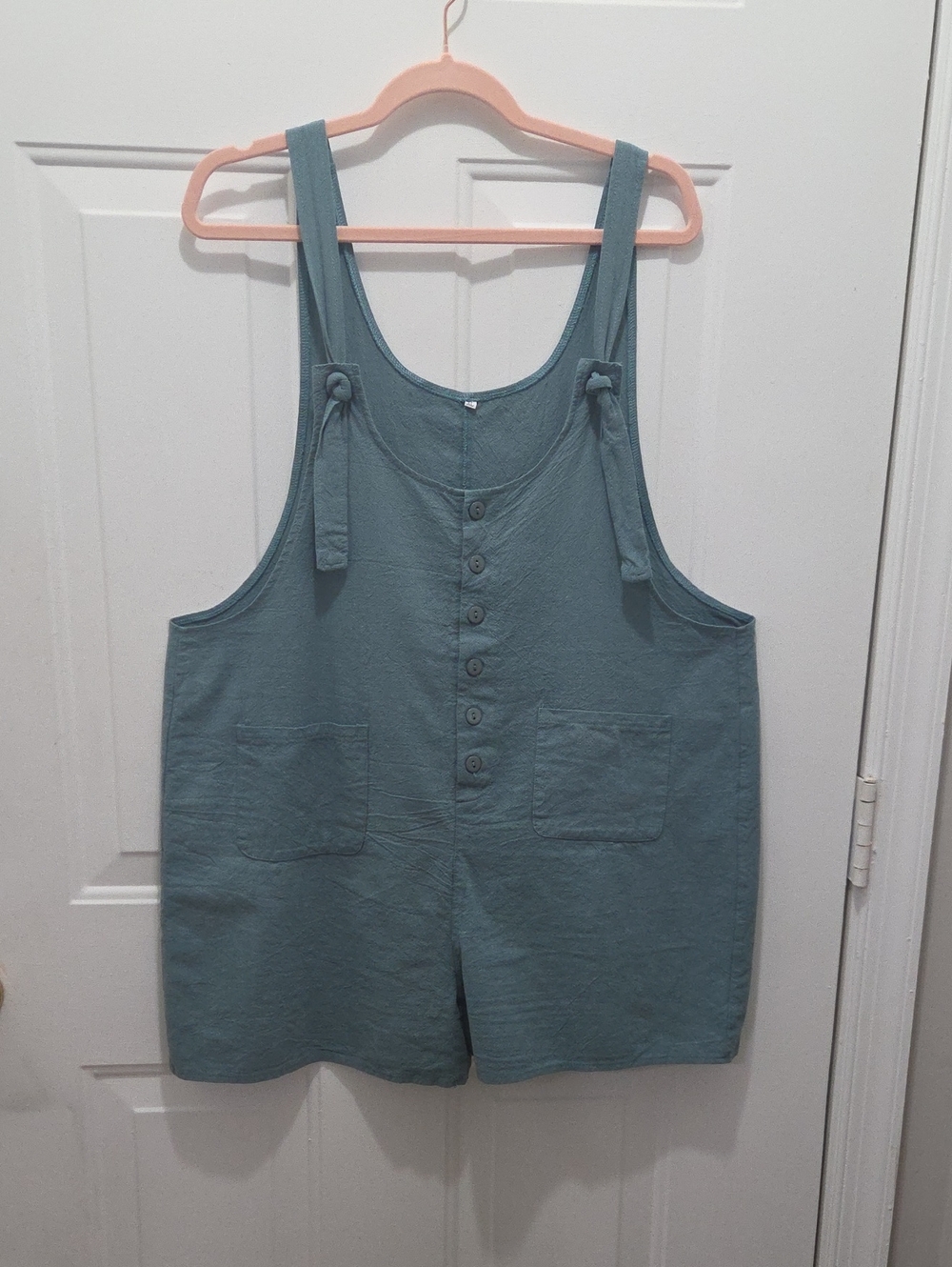 Button-Front Tie-Strap Romper in Dusty Teal - Picture 1 of 4